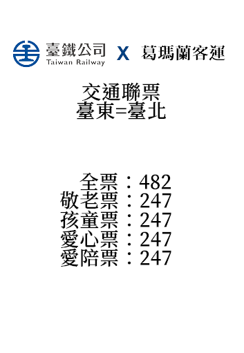 臺東=台北鐵公路聯運票(葛瑪蘭)