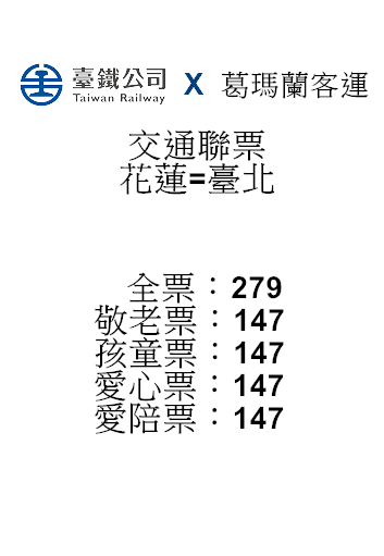 花蓮=台北鐵公路聯運票(葛瑪蘭)