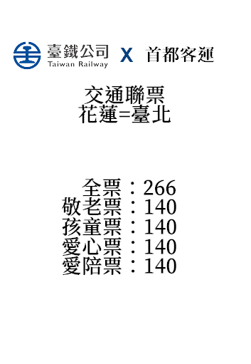 花蓮=台北鐵公路聯運票(首都)