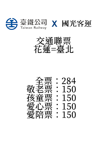 花蓮=台北鐵公路聯運票(國光)